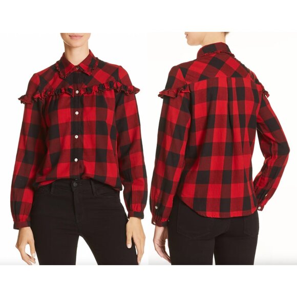 $225 Frame Hunter Red Multi Black Buffalo Check Button Ruffled Blouse Top Small - Picture 1 of 9